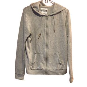 VICTORIA’S SECRET LONG SLEEVES ZIP UP STRING HOODIE TOP SZ SMALL IN GRAY.